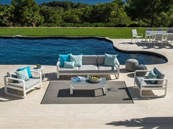 Jati & Kebon Coral 5 Seat Garden Sofa Lounging Set | White Aluminium Frame - Grey Sunbrella Cushions