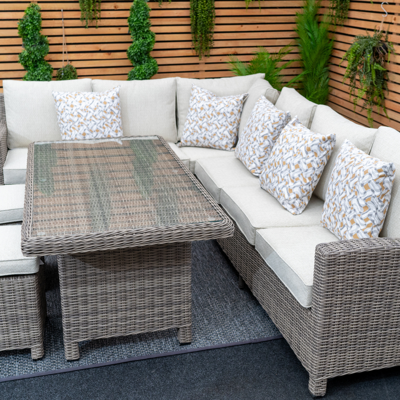 Kensington Right Hand High Corner Outdoor Dining Lounging Set | Wicker | Seats 7